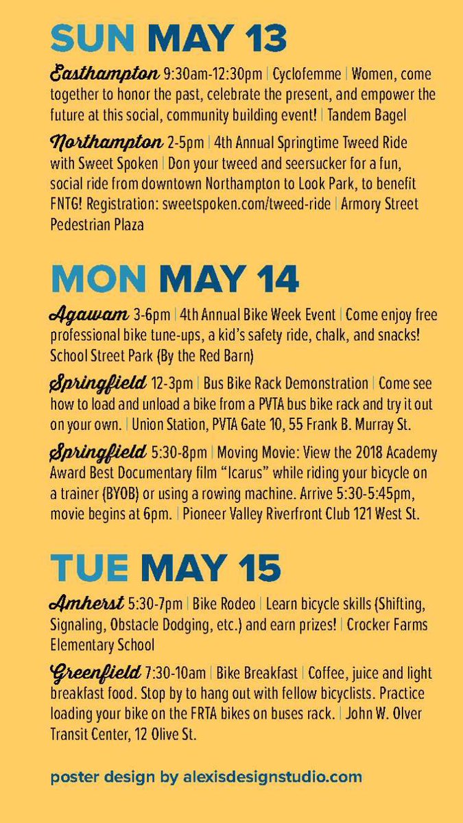 Agawam_Engineer's tweet photo. Agawam’s 4th Annual #BayStateBikeWeek event. This year we will be at the School St Park on Monday, May 14th from 3-6pm. See photo for details and info on other great events. Event may be rescheduled due to weather. Stay tuned for updates. https://t.co/lTSYz1mQp9… https://t.co/gN9Rffwye5