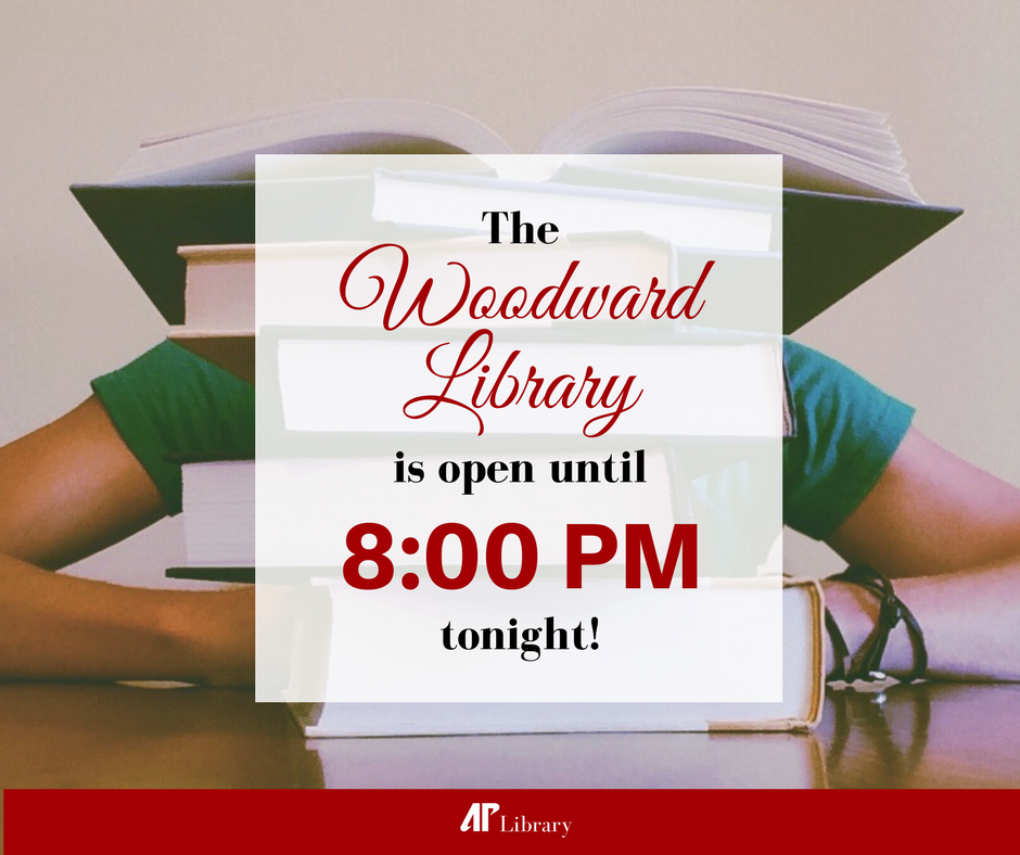 APSULibrary's tweet photo. We're open until 8:00 PM tonight!

Click the link below to view Research Assistance Desk hours and library calendar.
https://t.co/gRk4YB1HqM https://t.co/l51VbIHkUz