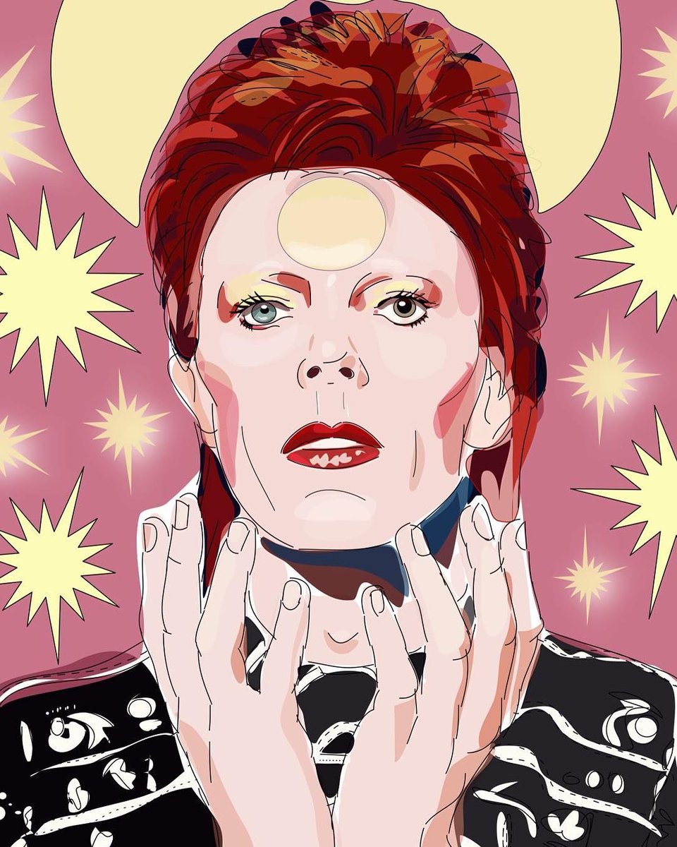 brooklynmuseum's tweet photo. “I started listening to David Bowie when I was in high school in the late 70’s. I was fortunate to see him in the Elephant Man and numerous concert tours, from the Serious Moonlight tour to his final tours in the 90s.” —@Ritaflo https://t.co/tLhTQ4PELs #fanartfriday #davidbowieis https://t.co/dRgI4JBcE4