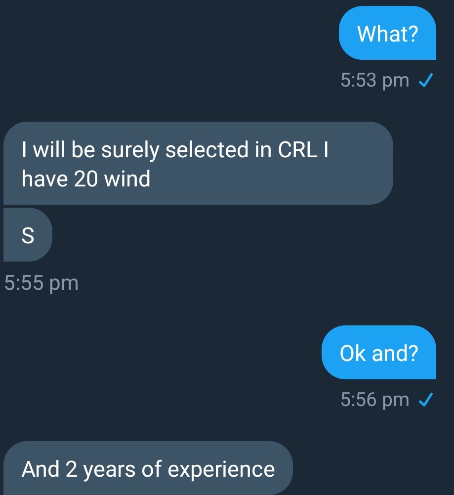 nack_cr's tweet photo. I have 20 winds and 2 years of experience, any CRL teams hiring? https://t.co/dZQxc3e8Mb