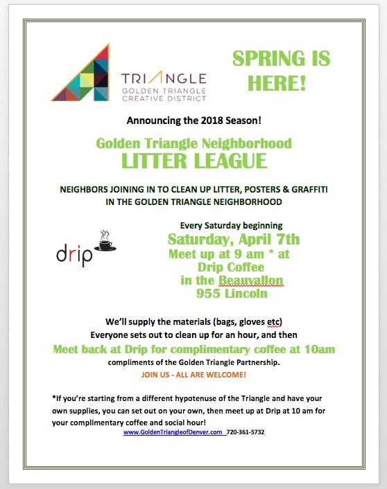 We've got some very dedicated neighbors in the Golden Triangle who meet every Saturday at Drip Coffee at 9am to pick up trash and spruce up our neighborhood - thank you for all you do! #litterleague