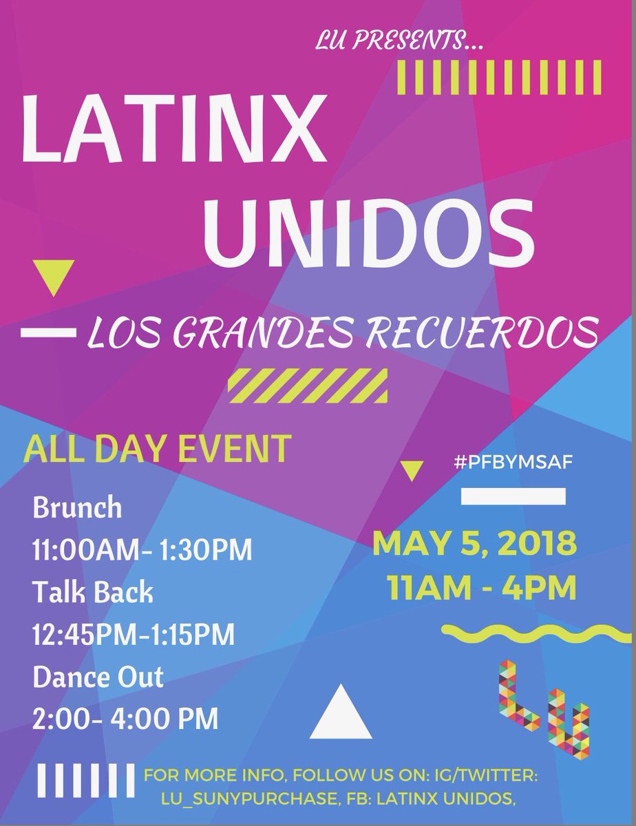 lu_sunypurchase's tweet photo. Happy Friday All ! ✨ Latinx Unidos will be having an all day event next weekend May 5! Brunch, Talk Back &amp;’ A Dance out ! Come out and have some fun with us 💓 Be on the look out for the location! https://t.co/RCSB81XZ89