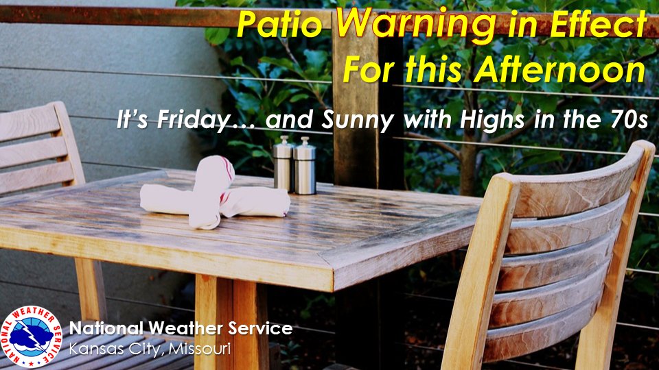 NWSKansasCity's tweet image. After consulting with our partners, we've gone ahead and skipped the advisory and gone straight to a "Patio Warning" for this afternoon. Call to action: Text your friends, find a patio, and enjoy yourself. It's beautiful outside! #mowx #kswx #KC #Friday