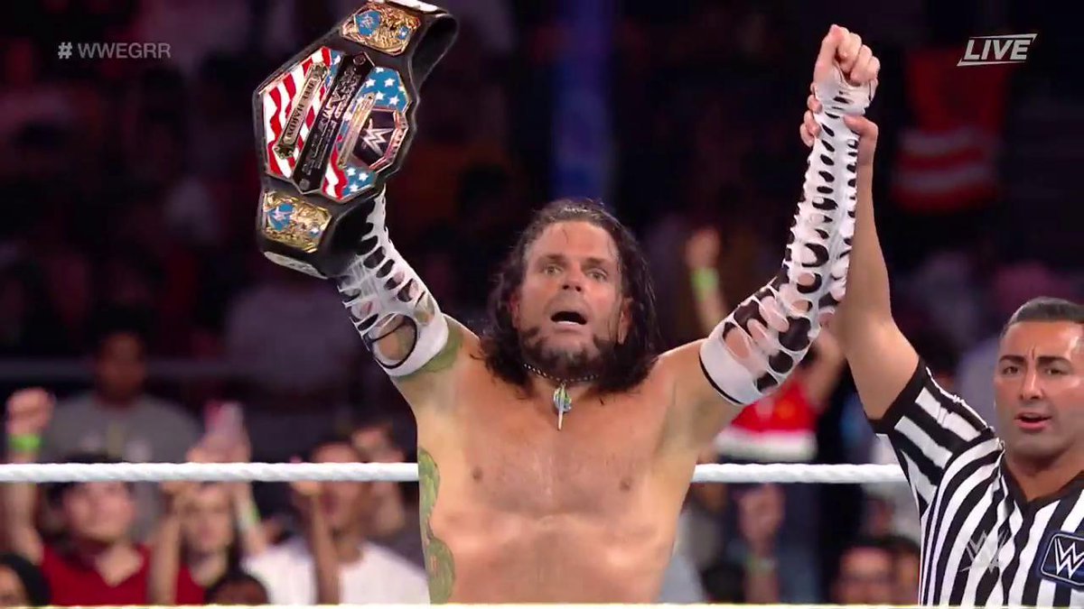 WWE's tweet photo. #AndStill YOUR #USChampion... @JEFFHARDYBRAND!

The #CharismaticEnigma has SWANTON'D his way to victory at #WWEGRR! https://t.co/1nWhJrTAqa
