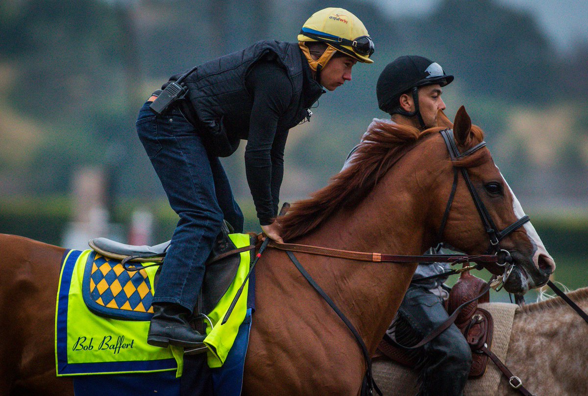 1st_racing's tweet photo. JUSTIFY working seven furlongs this morning in 1:25.20 @santaanitapark Splits were :24 3/5, :36 3/5, :48 2/5, 1:00 3/5, 1:12 3/5 https://t.co/nayc4LYLZK