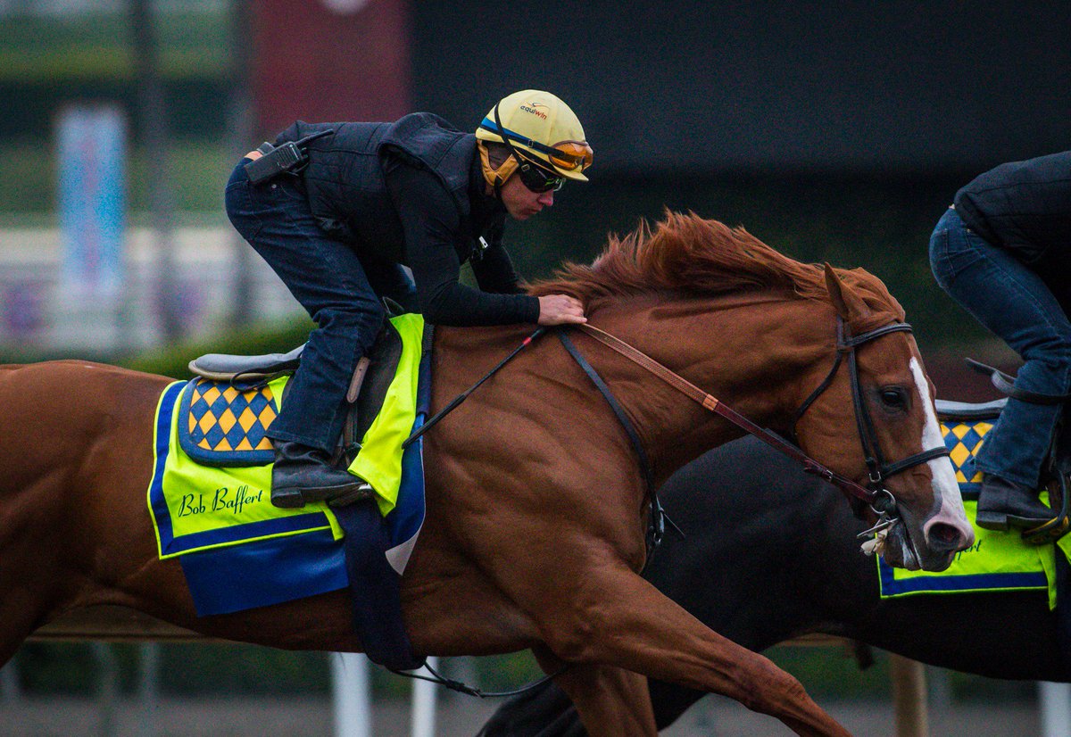 1st_racing's tweet photo. JUSTIFY working seven furlongs this morning in 1:25.20 @santaanitapark Splits were :24 3/5, :36 3/5, :48 2/5, 1:00 3/5, 1:12 3/5 https://t.co/nayc4LYLZK