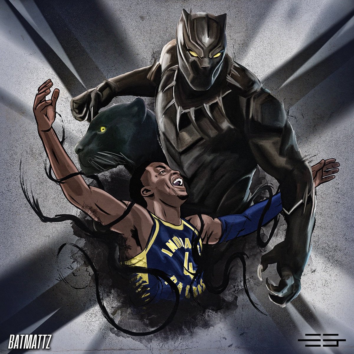 The_Step_Back's tweet photo. Victor Oladipo will need to be a superhero tonight. Check out his #nbacollab illustration by @ElliotGerard and @Batmattz, and catch up on the whole series here: https://t.co/78OvpLj84I https://t.co/kenGQyZTjj