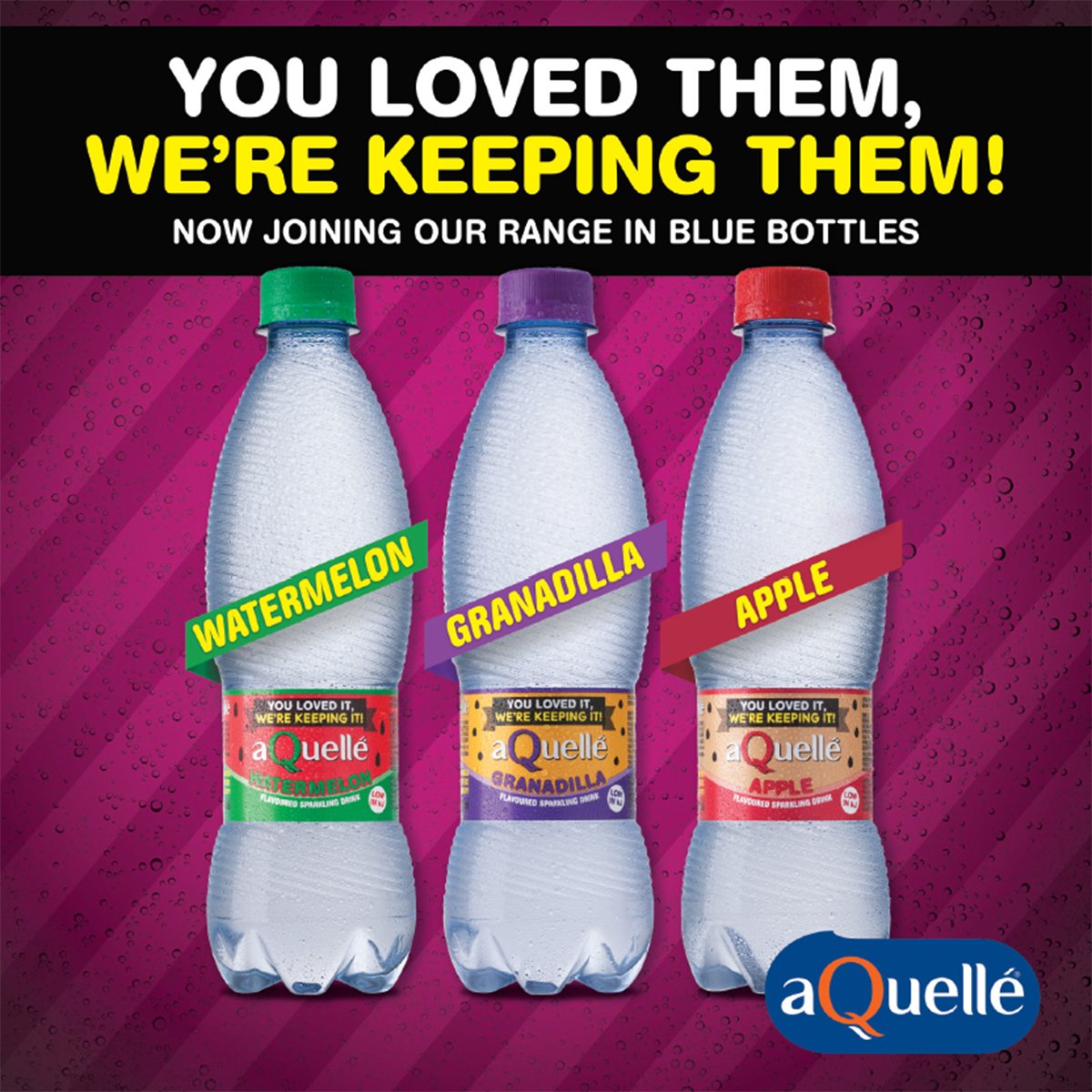 aQuelle's tweet photo. Have you heard? You loved them all, so we're keeping them all! Granadilla, Watermelon and Apple are to here stay. Now joining our range in blue bottles. #AppleJoy #GranadillaJoy #WatermelonJoy #SpreadTheJoySA https://t.co/G52AjW3PCb