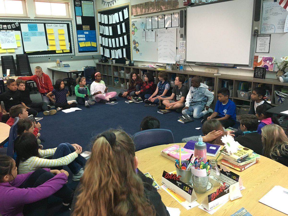 Turnerdolphins's tweet photo. Excellent Grand Conversation in @Ms_Zook Class. Students running a discussion on the book The Thief of Always. https://t.co/Xn9hxymnpK