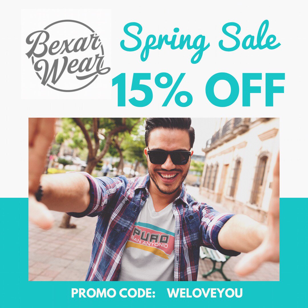 bexarwear's tweet photo. We're wrapping up on Spring Sale this weekend! Get 15% off your next favorite T-shirt (or tank top!) by using code: WELOVEYOU. https://t.co/SzwVMEeIhf https://t.co/jqQytAdZXw