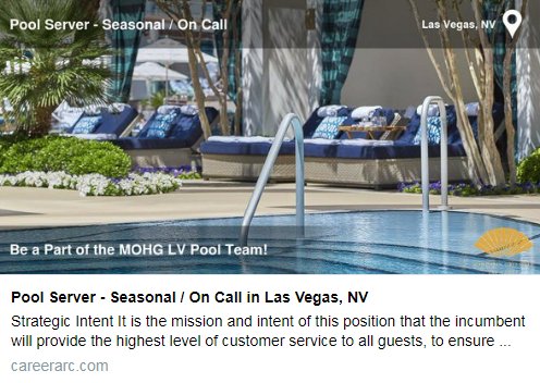 CareerArc's tweet image. Company We Love: It's pool season in sunny #LasVegas, NV! @MO_LVJobs is #hiring Seasonal / On Call Pool Servers in #Vegas. 🌞

Apply now: ow.ly/gHbS30jIAqQ #Jobs
