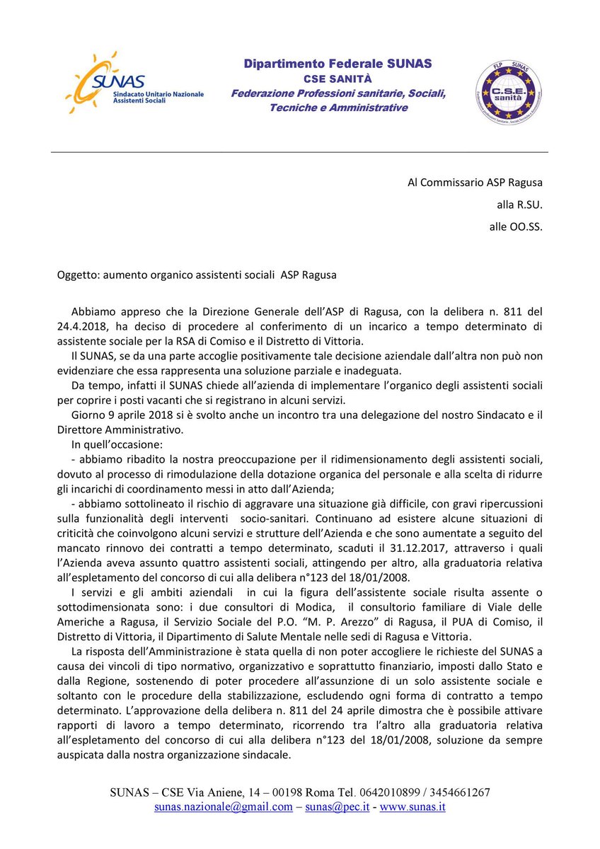 SunasSicilia's tweet photo. il #SUNAS interviene ancora, con una nuova nota inviata alla Direzione Generale dell'ASP di Ragusa, sulla necessità di ampliare l'organico degli assistenti sociali. #aspragusa https://t.co/hYOYO04WKP
