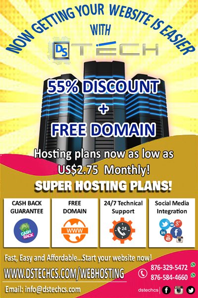 dstechcs's tweet image. Get Your Website Now! 55% off plus a FREE .COM domain with any DSTECH hosting plan. Visit dstechcs.com/webhosting/ Call or Whatsapp 876-329-5472/ 876-584-4660 #dstechcs #dstechcomputersolutions
