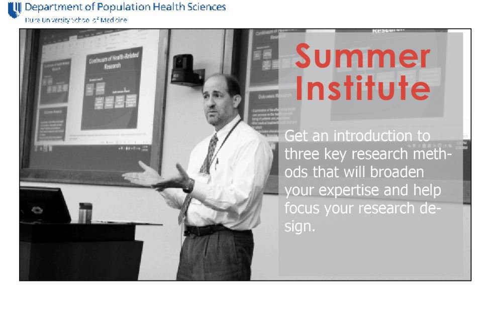 duke_pophealth's tweet image. Interested in adding one more #researchmethod to your toolbox? Get an intro to #implementation &amp;amp; #dissemination science, #measurementscience and #qualitativemethods @DukeU Population Health Sciences Summer Institute, June 4-6. bit.ly/2C73V9D