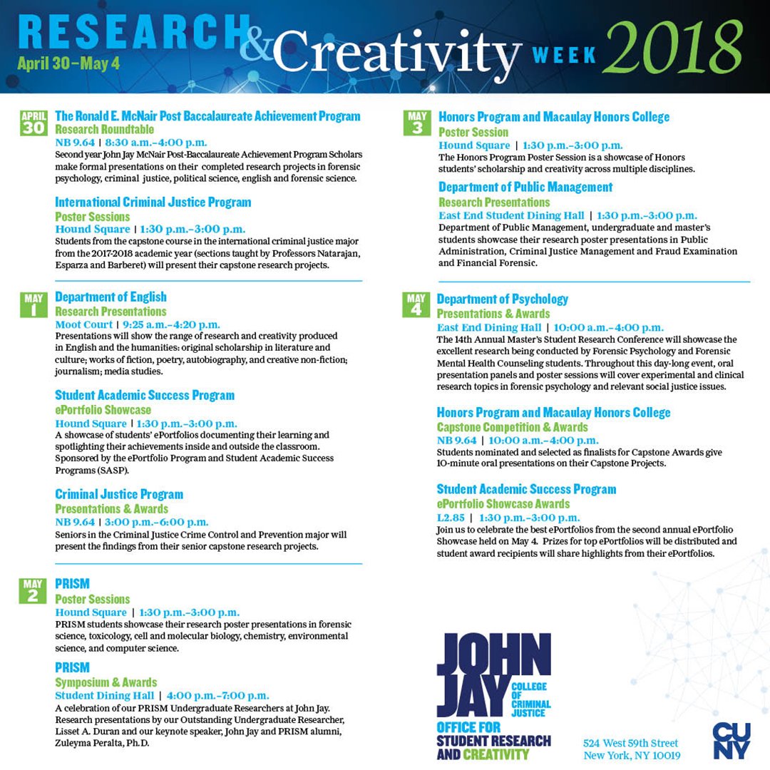 JohnJayResearch's tweet photo. Don't miss even one of @JohnJayCollege's amazing student research projects! Check out the #JJCResearchWeek schedule here and get ready to get smarter all week long, from Monday April 30 - Friday May 4
@JJCPRISM @JJaySASP #myJohnJay https://t.co/k2L5CP86Gs