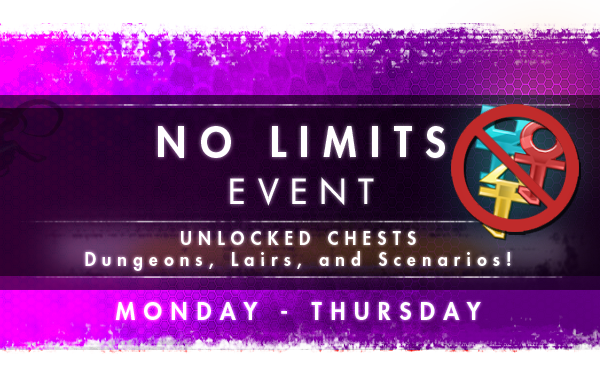 SecretWorldLgds's tweet photo. We're flipping things around a bit next week; NO LIMITS is back, and this time from Monday (Apr 30) thru Thursday (May 3)!  All chests found in dungeons, lairs, and scenarios will not require keys to open during this time!  🎉 https://t.co/yYit0fsJ9W