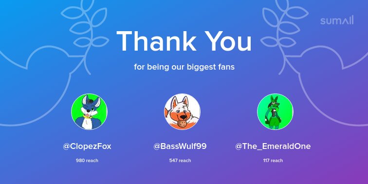 Our biggest fans this week: @ClopezFox, @BassWulf99, @The_EmeraldOne. Thank you! via sumall.com/thankyou?utm_s…