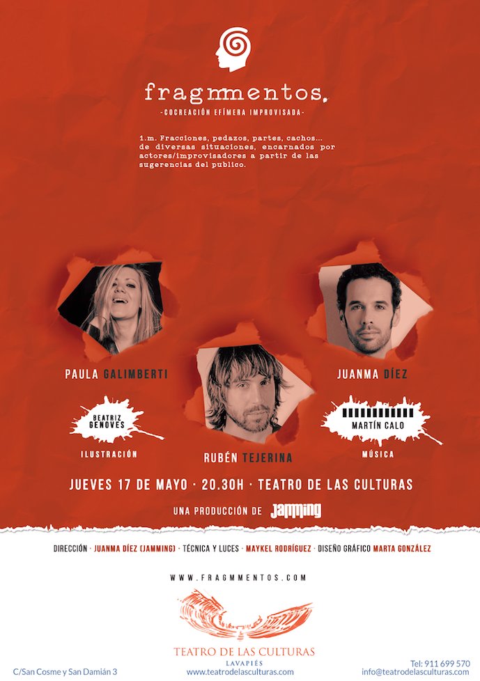 ELENCAZO para la 5ª función de #fragmmentos en el @Tdelasculturas - Jueves 17 mayo 20:30h ► fragmmentos.com  #Madrid #TeatroOff #Lavapiés #cultura #creatividad #ocio #improvisación #impro @paugalimberti <a href="/animalabsoluto/">Rubén Tejerina</a> <a href="/JuanMa_Diez/">JuanMa Diez</a> <a href="/mementomay/">memoriainfinita</a> #MartínCalo #BeatrizGenovés