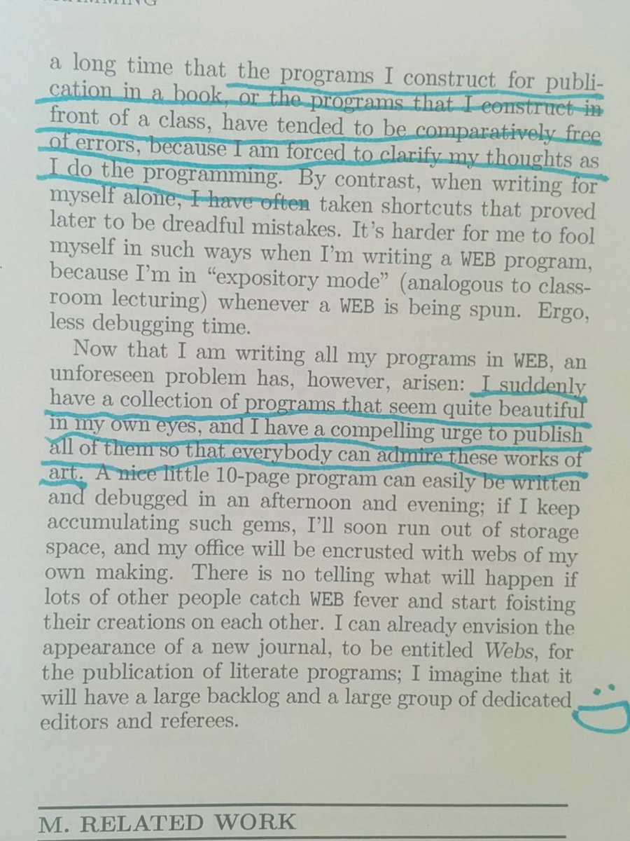 xmacex's tweet image. Knuth was excited about #LiterateProgramming in his 1984 paper, also suggesting a Pulizer prize for well written programs 😂 #computerscience #cs #programming #history