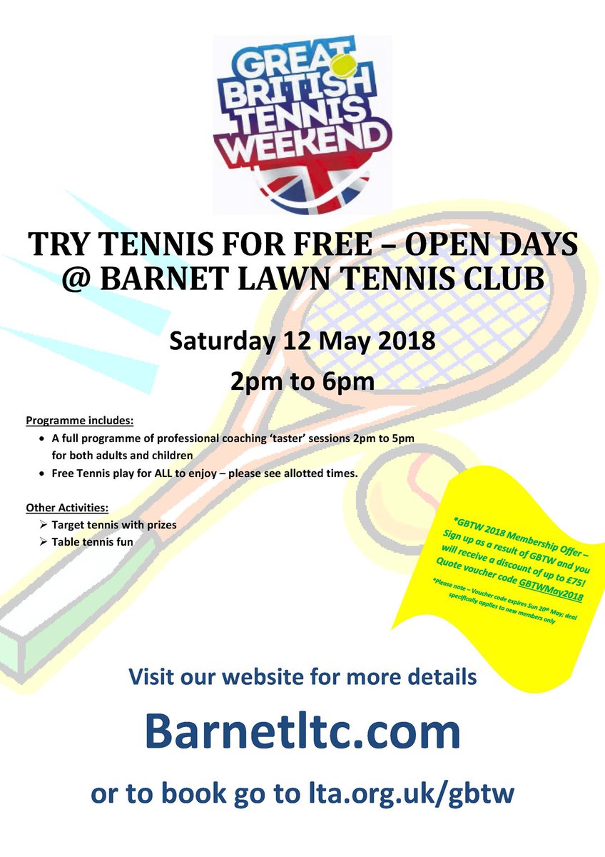 BarnetLTC's tweet photo. The scene is set! Come down and join us at @BarnetLTC from 2pm for the Great British Tennis Open Day! #barnet #tennis https://t.co/mS9vzulXG2