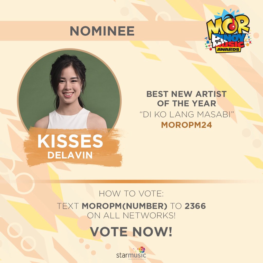StarMusicPH's tweet photo. Vote @delavinkisses on MOR Pinoy Music Awards 2018! To vote, just text MOROPM(Number) &amp; send to 2366 for all networks! #MORPMA2018 https://t.co/u4ZISdrqqP
