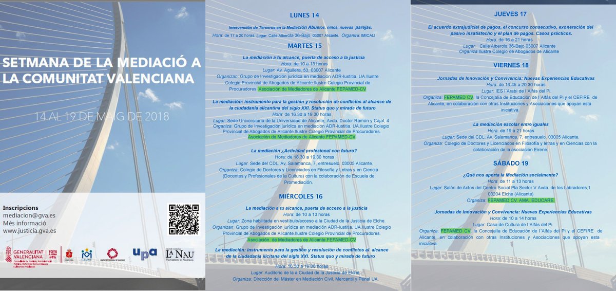 AMA_Alicante's tweet photo. Se celebra La Semana de la Mediación en la CV, la próxima semana  estaremos en diferentes eventos y actividades como parte de la  Federación Autonómica. Una oportunidad para conocer, debatir y reflexionar. Los actos en los que estaremos en Alicante y provincia. VENTE!!! https://t.co/7QANHsdDnl