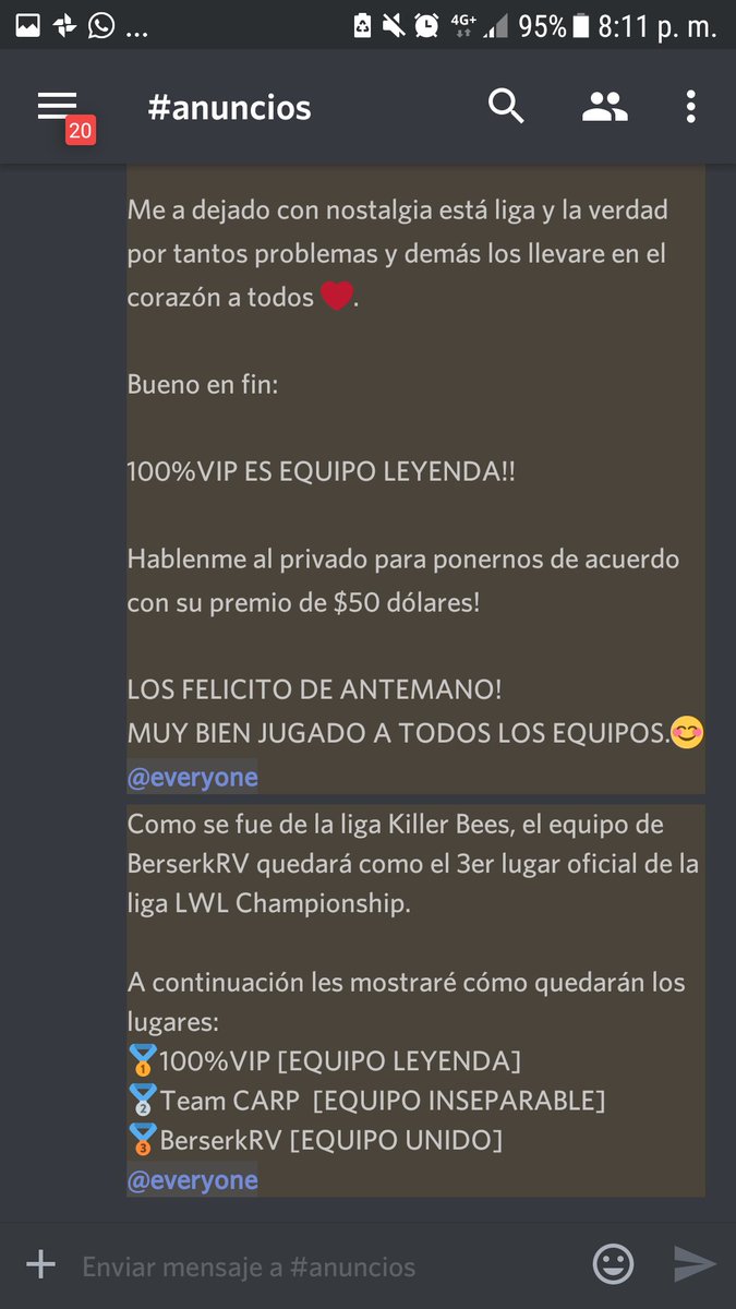 LWLChampionship's tweet photo. Y si chicos el ganador de la liga es... @100VIPeSports un equipazo que nos encantó y lo hemos felicitado por discord. 

Y así quedaron los primeros 3 lugares de la liga:
🥇100%VIP
🥈Team CARP 
🥉BerserkRV

Muchísimas felicidades a esos tres equipos.

Pronto #2Da Edición!
#HYPE https://t.co/9qlvPKbMuH