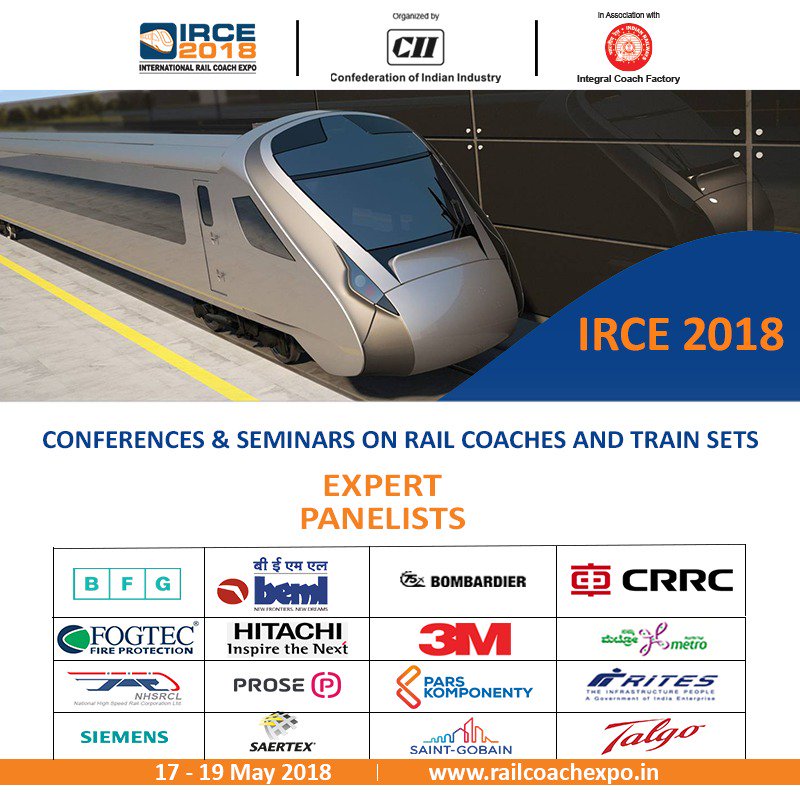 CIIRailwayExhb's tweet photo. #IRCE2018, a neutral forum of experts to identify &amp; address the needs of innovations and technology in #RailCoach design &amp; development. It's a platform to exchange the brilliant ideas amongst the experts in the field.
Register here: https://t.co/aexpUcEBS1
#RailywayExhibition https://t.co/u9Ut980eW5