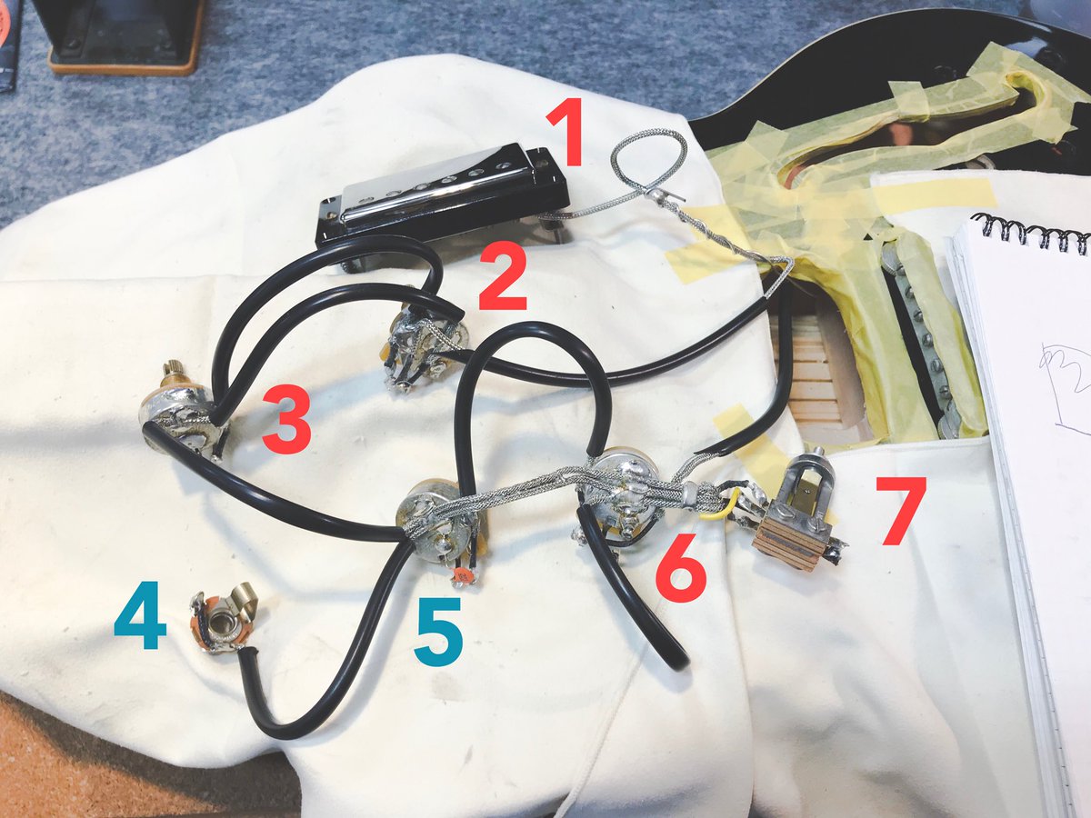 SOUNDSTEPrepair's tweet photo. memo
gibson  ES335 assembly

●removal 
1.bridge PU
2.bridge (PU) volume
3.bridge (PU) tone
4.jack(mono) 
5.neck (PU) tone with4
6.neck (PU) volume
7.3way toggle switch

●install
4 and 5 rubber straps

2-7…1 https://t.co/eHbOfC5cbN