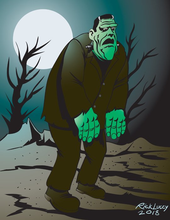 Late night Frankenstein Friday creation on Monster May! #FrankensteinFriday #Frankenstein #drawrick #digitalart #illustrator #horrorhumor #monsterhumor #humorillustration #monster #Frankensteinmonster
