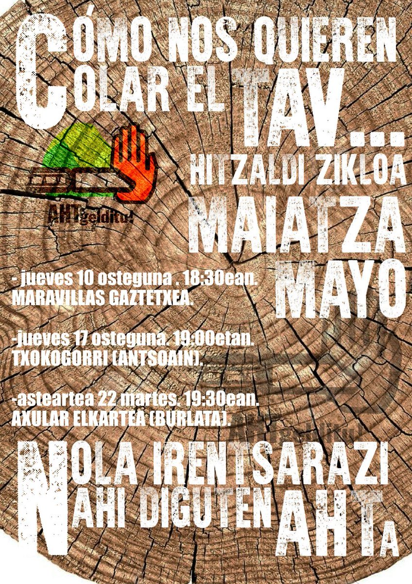 Bihartik aurrera ostiralera arte "Nola irentsarazi nahi diguten AHT-a" erakusketa Txokogorrin
Desde mañana hasta el viernes la exposición "Nola irentsarazi nahi diguten AHT-a" en el Txokogorri