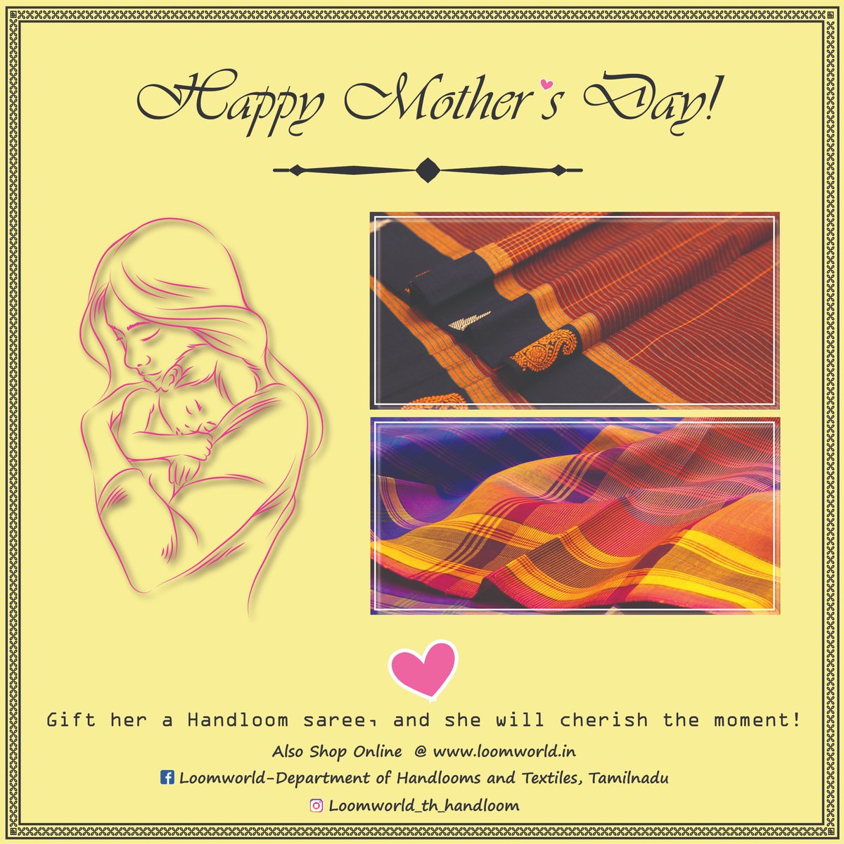 loomworldgov's tweet photo. As babies, we have been rocked in saree cradles of our beloved mothers. Its time to offer a cherished gift, a handloom saree back to her! #mothersday #wearhandloom #gifthandloom!Visit our on going exhibition at Sri Sankara Hall, Alwarpet, Chennai &amp; pick up a handloom cotton sari. https://t.co/eQYo55em5Z