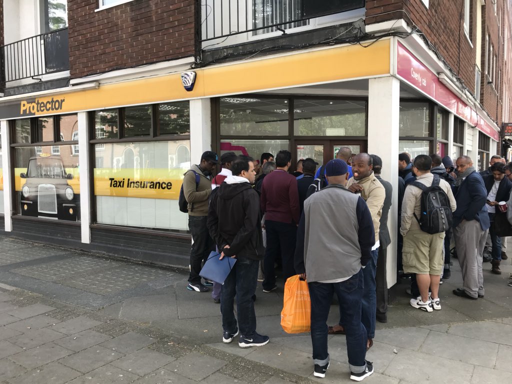 Over 100 #cabbies outside #Protector building following collapse of unrated Danish insurer Alpha. Many waiting since before 8am.