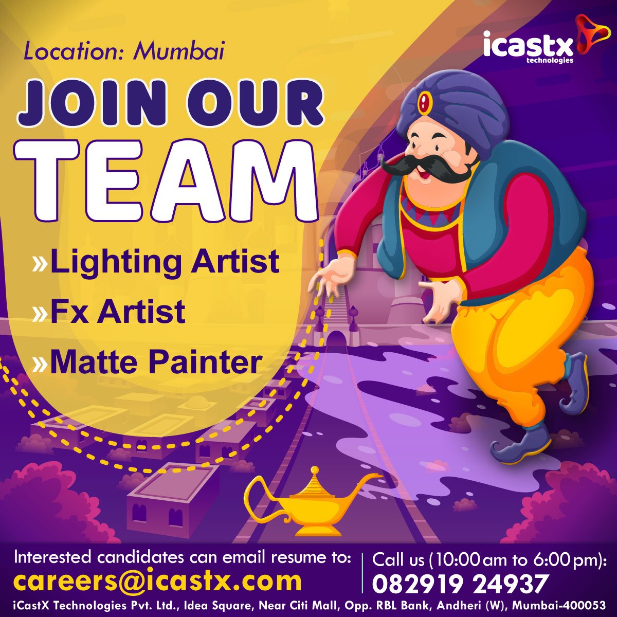 icastx's tweet photo. We are #Hiring for #VFX and #Animation - (Mumbai Location) Interested Candidates email their resumes to (careers@icastx.com) OR visit us on (https://t.co/nVg6xCevdv       )
#Animation #Animationindia @vfx_online @ILMVFX #job #India #pixelart #design #art #indiedev #gamedev https://t.co/a5Ku1TElNT