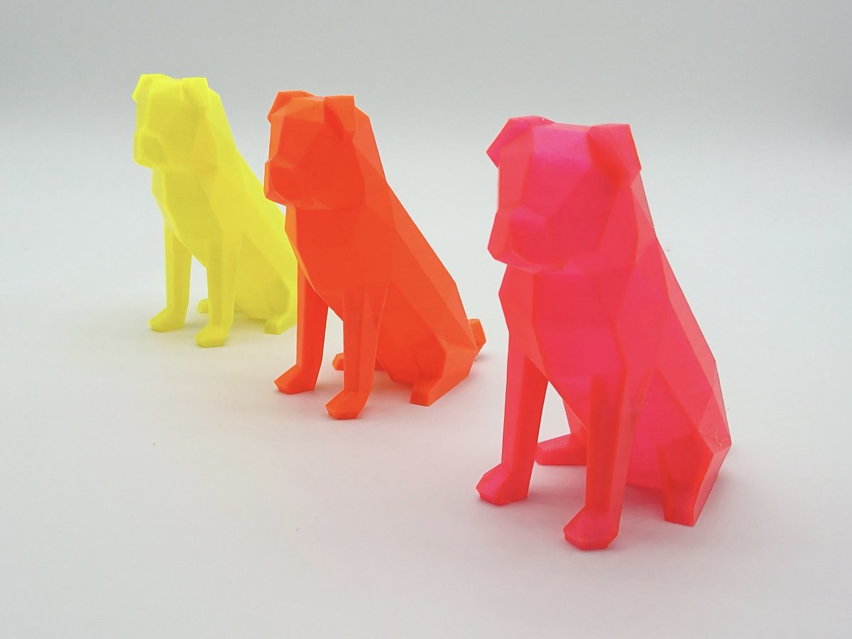 FilamentFrenzy's tweet photo. Low-Poly pugs by @flowalistik printed in the new @Fillamentum neon transparent shades of CPE HG100 Neon Orange, Neon Yellow &amp; Neon Pink #3dpinkmafia Printed on my @anycubic3dprint i3 mega at 200% scale 3 Perimeters with 0% infill using @Simplify3D 😃 #neonpug #3Dprinting https://t.co/0yzh8nkzpS