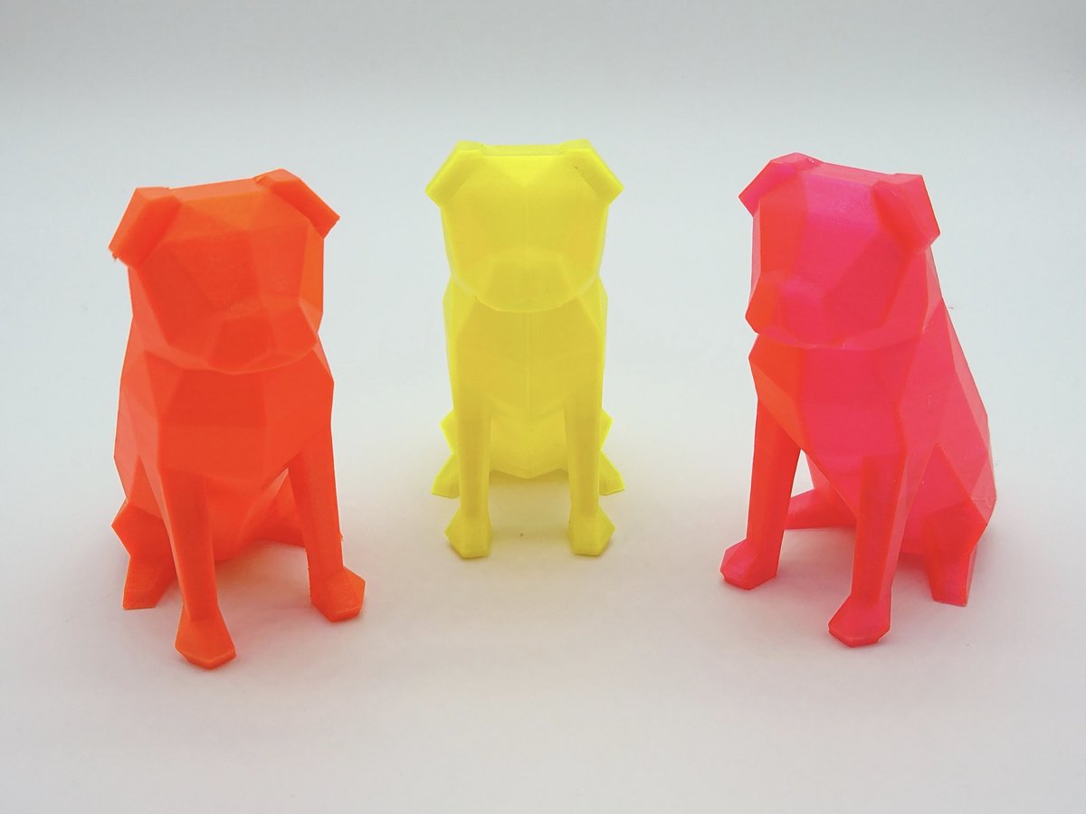 FilamentFrenzy's tweet photo. Low-Poly pugs by @flowalistik printed in the new @Fillamentum neon transparent shades of CPE HG100 Neon Orange, Neon Yellow &amp; Neon Pink #3dpinkmafia Printed on my @anycubic3dprint i3 mega at 200% scale 3 Perimeters with 0% infill using @Simplify3D 😃 #neonpug #3Dprinting https://t.co/0yzh8nkzpS