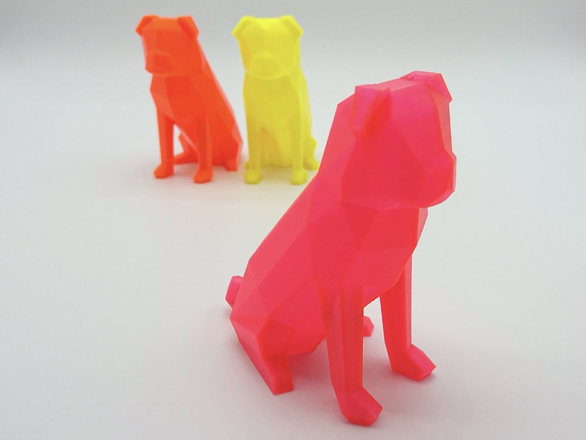 FilamentFrenzy's tweet photo. Low-Poly pugs by @flowalistik printed in the new @Fillamentum neon transparent shades of CPE HG100 Neon Orange, Neon Yellow &amp; Neon Pink #3dpinkmafia Printed on my @anycubic3dprint i3 mega at 200% scale 3 Perimeters with 0% infill using @Simplify3D 😃 #neonpug #3Dprinting https://t.co/0yzh8nkzpS