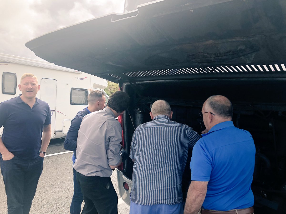 ColfeiansRugby's tweet photo. Midway to Bilbao on #OCTour2018 and the bus has broken down. Donโt worry, the Burketts have come to the rescue.... https://t.co/Mg1gDFWtuV