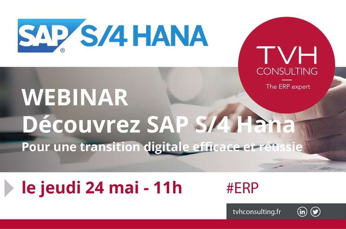 TVHConsulting's tweet photo. Découvrez #SAP S/4 Hana en compagnie de notre expert lors d'un webinar le 24 mai à 11h. https://t.co/zaZlmDEnDt https://t.co/59pPbTA3sZ