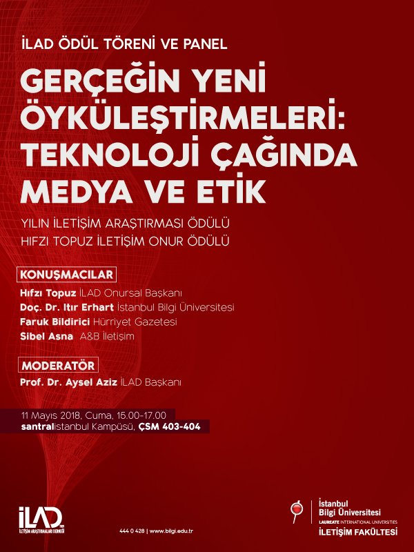 İLAD (<a href="/ilad_dernegi/">İLAD</a>) ödülleri törenine bu yıl <a href="/BiLGiOfficial/">İstanbul Bilgi Üniversitesi</a> İletişim Fakültesi ev sahipliği yapıyor. 11 Mayıs Cuma günü gerçekleşecek törende ödül töreninin ardından ''Teknoloji çağında medya ve etik'' başlıklı bir de panel olacak.