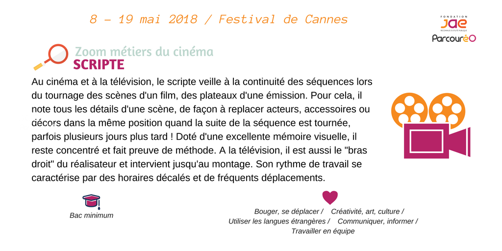 FondationJae's tweet photo. #Cannes2018 #Orientation #MetiersDuCinema Découvrez aujourd'hui le métier de scripte, dans l'Encylo métiers de #Parcouréo https://t.co/1DNsNFqkuQ https://t.co/zEaOQYPUYz