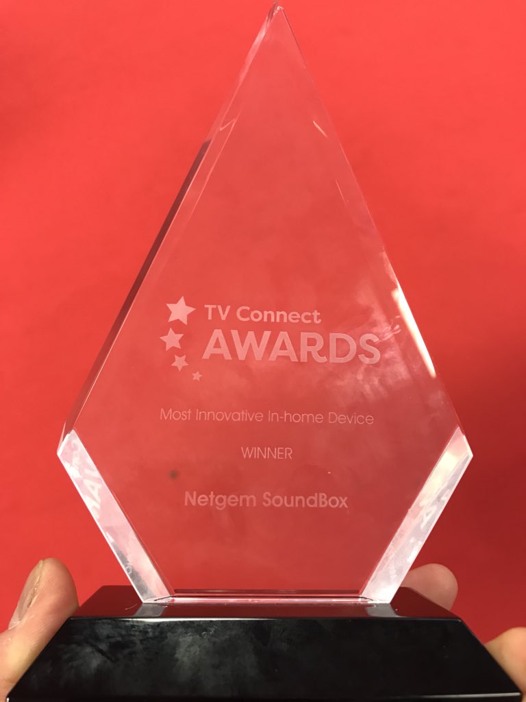Sthevenot's tweet photo. Very proud of the #Netgem team: a second award won this week at #TVConnect for our innovative ‘SoundBox’ product - all-in-one Smart Soundbar &amp; TV box! #netgemuk well done! https://t.co/8dcebmJkkO