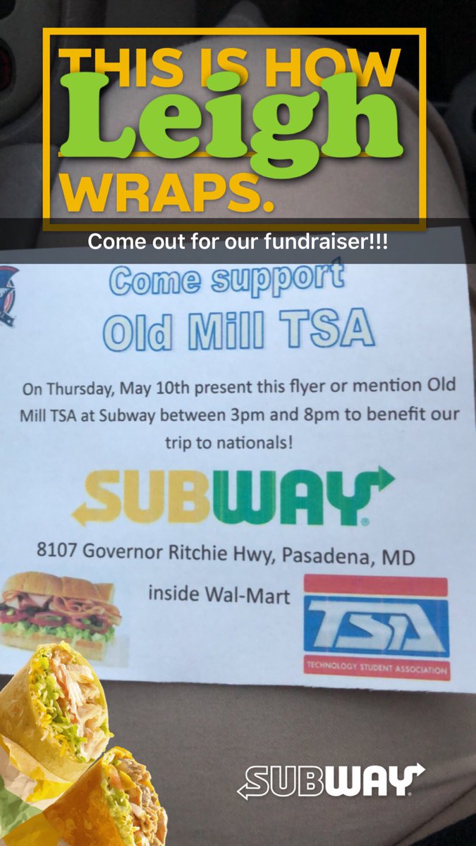 OldMillTechEd's tweet photo. TSA Fundraiser tonight! Please stop by, order some food, and support our trip to nationals! #tsa #omhs #subway #roadtonationals https://t.co/3bkg20a2jA