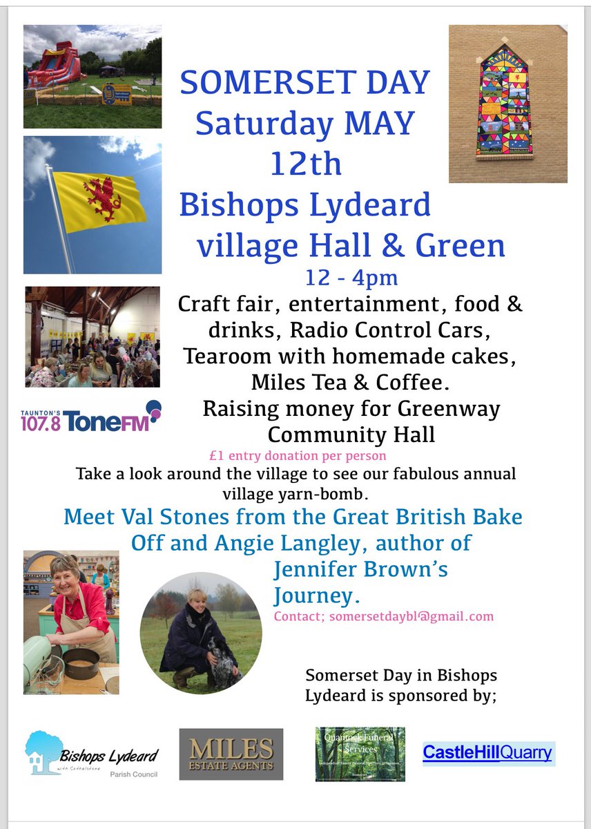 SomersetDay_BL's tweet photo. This Saturday 12th May, celebrate #SomersetDay with us in Bishops Lydeard, meet @valstones #GSTP2018 @angielangley0 author of @JenBJourney
@tauntonmayor & @misswindsoruk with @TauntonsToneFM https://t.co/dhtKerE5uv