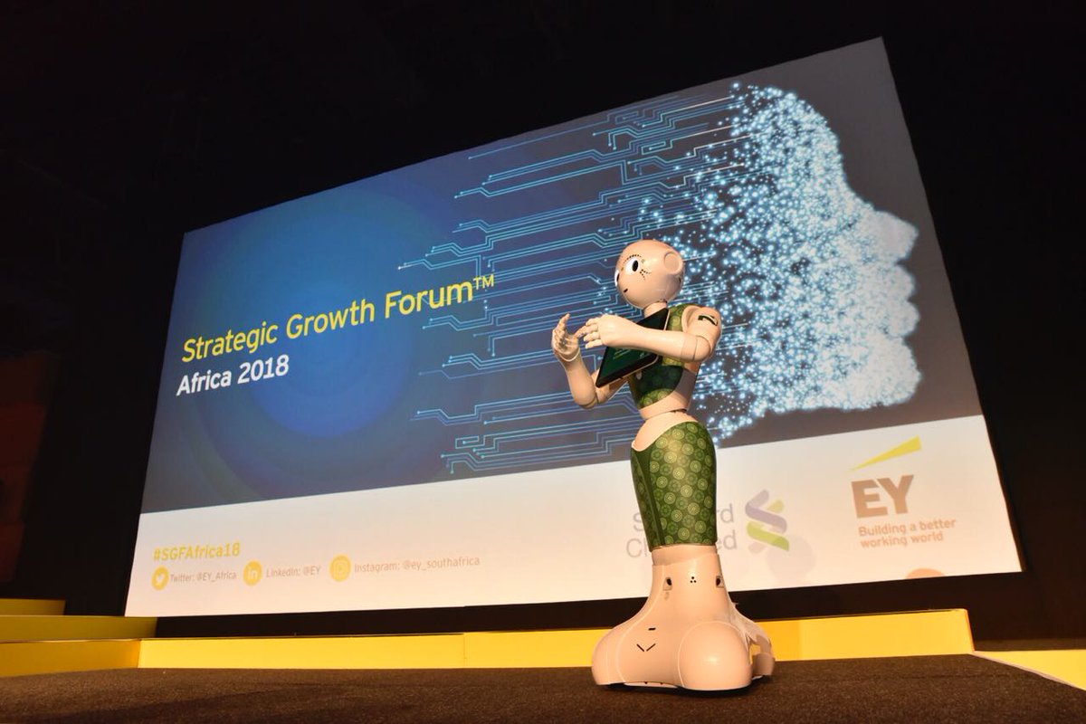 EY_Africa's tweet photo. @Nedbank's Pepper, South Africa’s first autonomous robot and co-host of the EY Africa Strategic Growth Forum is ready to show us what Africa's digital future will look like. #SGFAfrica18 #SAsFirstHumanoid https://t.co/7qE8Pi6wc3