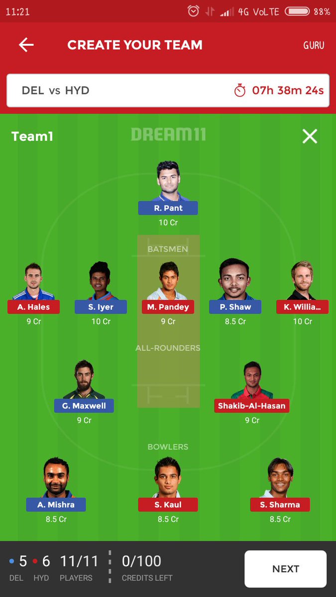Letswinnning's tweet photo. #SRHvDD my predictions for #Dream11 for grand leagues. #Dream11expert #IPL2018 
Captain - Maxwell/Williamson/pant
Vc captain - Shaw/Iyer/Hales https://t.co/CN7TLsM498