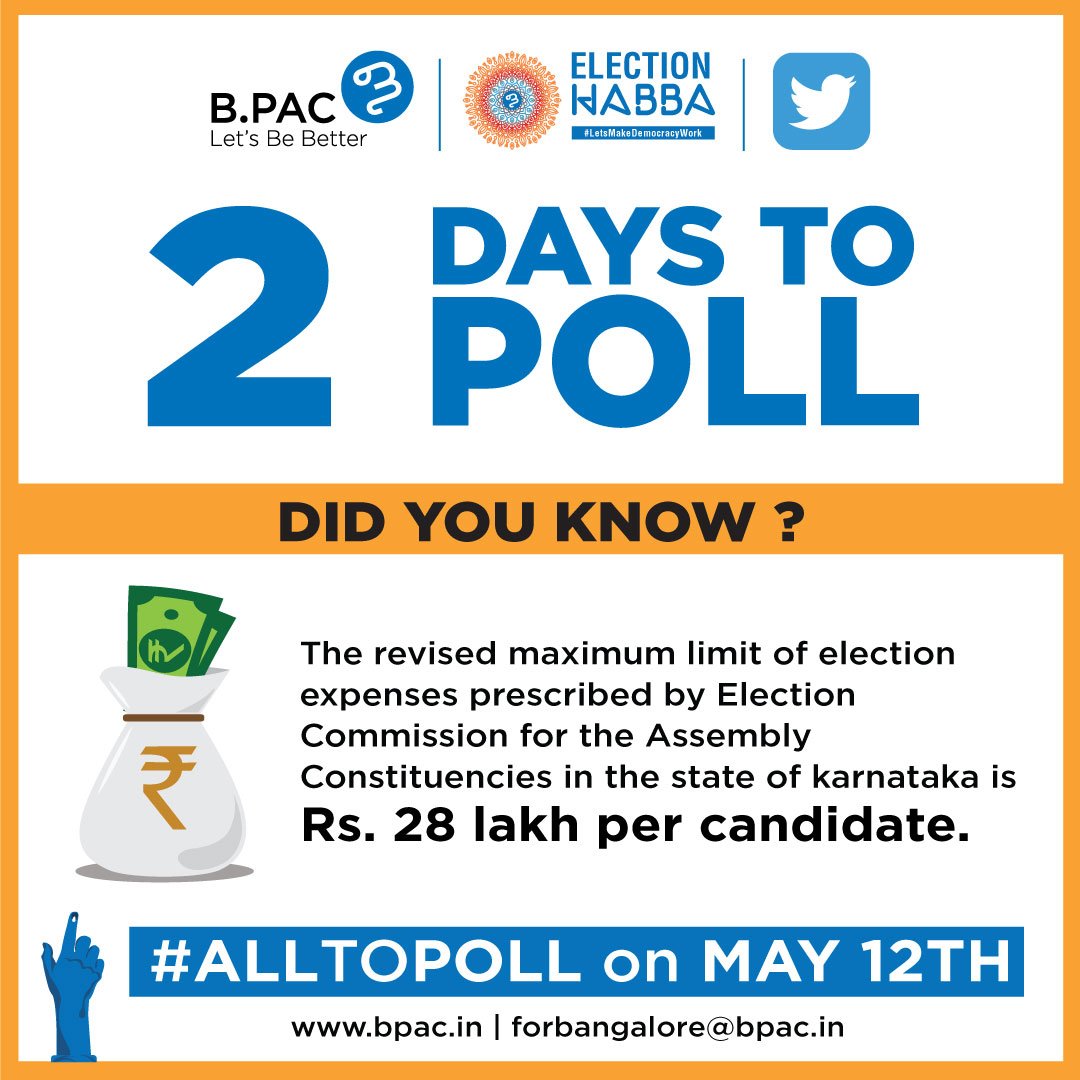 BPACofficial's tweet photo. 2 DAYS TO POLL!
The revised maxim limit set by the #ElectionCommission as election #expenses for the Assembly Constituencies for the state of Karnataka is Rs. 28 lakh per candidate
#VoteBengaluru
#VotingCountdown
#BPAC #AlltoPoll #KarnatakaElections2018 #BattleForKarnataka https://t.co/GXU8THdAST
