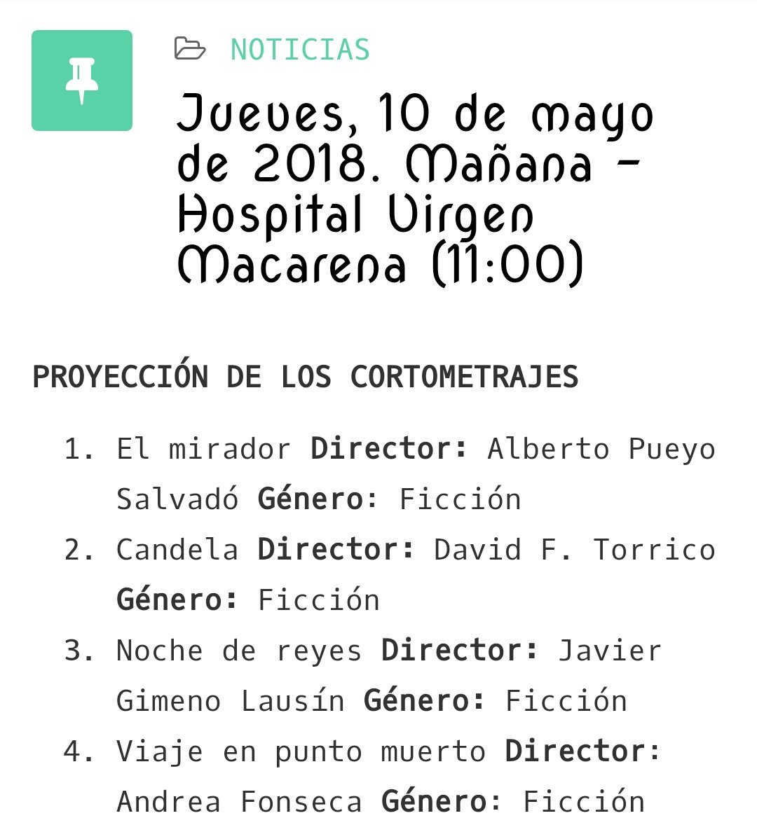 ASAENES's tweet photo. 🎥"El gran reto del IV Festival de Cine Mental es contar la realidad de las personas con #EnfermedadMental
💫3° sesión @HUVMacarena
 #Cortos+debate

✅El mirador🎬A.Pueyo
✅Candela🎬D.F.Torrico
✅Noche de Reyes🎬J.Gimeno
✅Viaje en punto muerto🎬
A.Fonseca

#TestigodeMiradas👇😍 https://t.co/oKMTQNIkSF