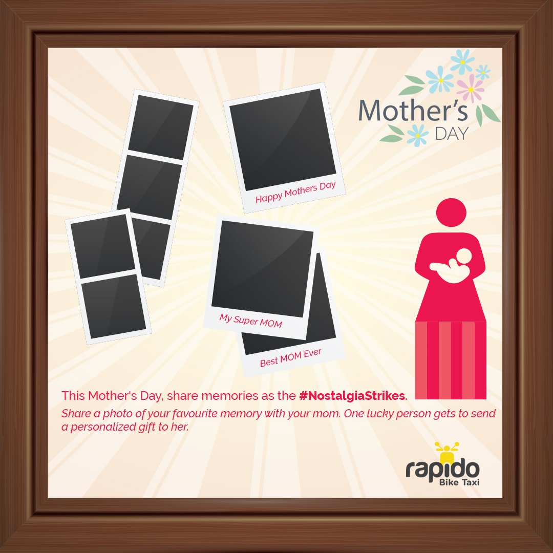rapidobikeapp's tweet photo. Time for some wishes to overflow, #memories to relive and expressing #love for our #mothers. Share them with #NostalgiaStrikes and tag us to get a chance to send a personalised gift for your #mom !! 
#mothersday2018 #mothersdaygift #Mothersday #ContestAlert #India https://t.co/nGV7CD1w2v