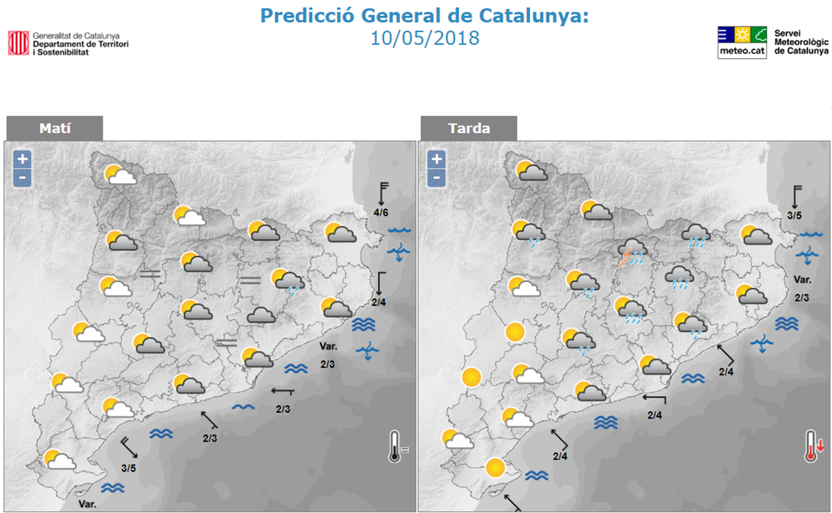 Avui dijous els ruixats tornaran a aparèixer sobretot a punts de l'interior, però no només a la tarda sinó també al matí. Consulteu la previsió a: 
meteo.cat/prediccio/gene…
#meteocat